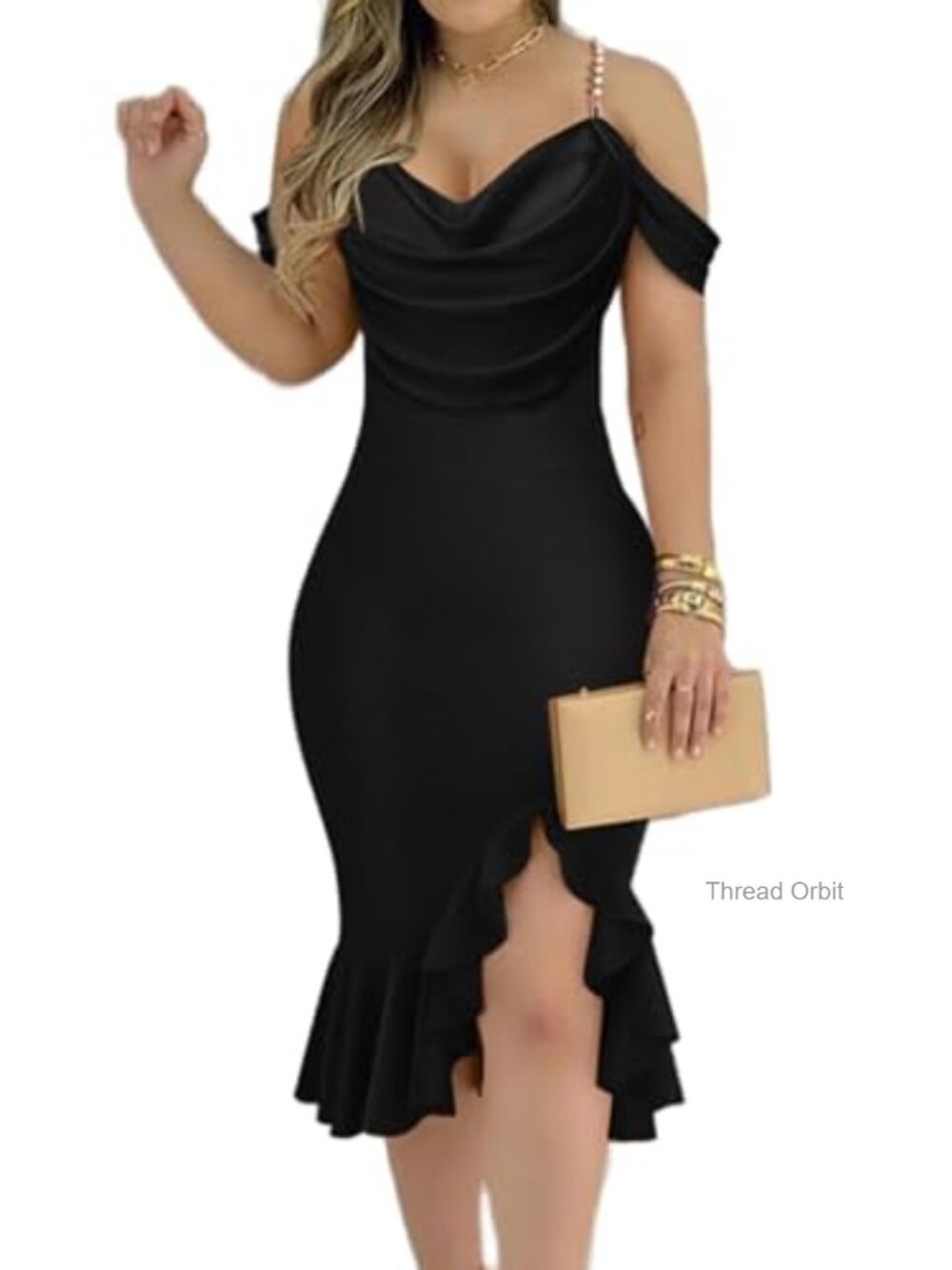 Pearl Strap Bodycon Midi Dress Off Shoulder Ruffle Hem